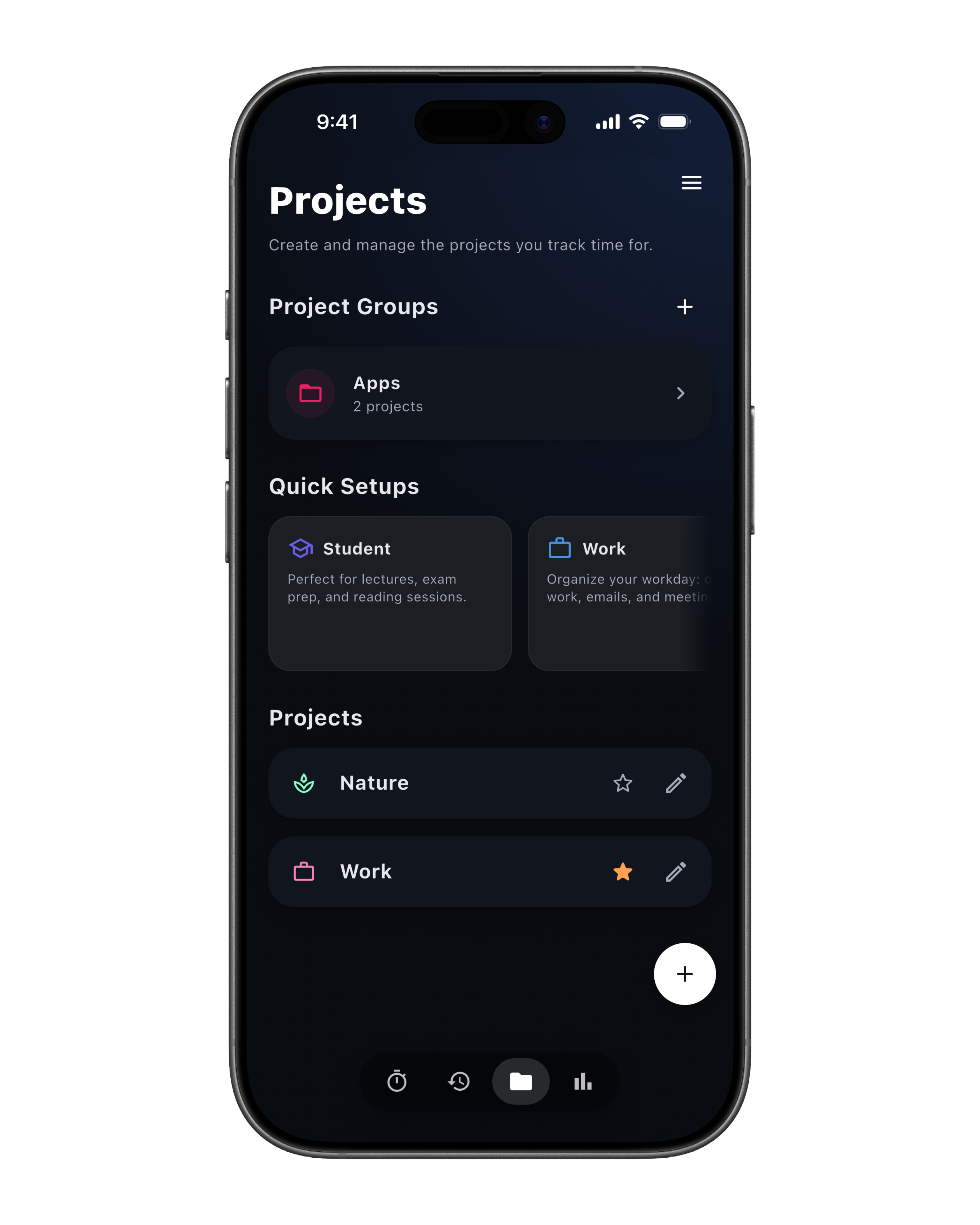 Flowtime Projects screen with project groups and quick setups